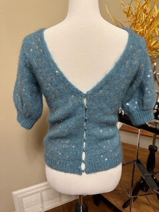 Sezane Teal Blue Gold Polka Dot Short Sleeve Knit Sweater Size XS NWOT - Picture 6 of 9